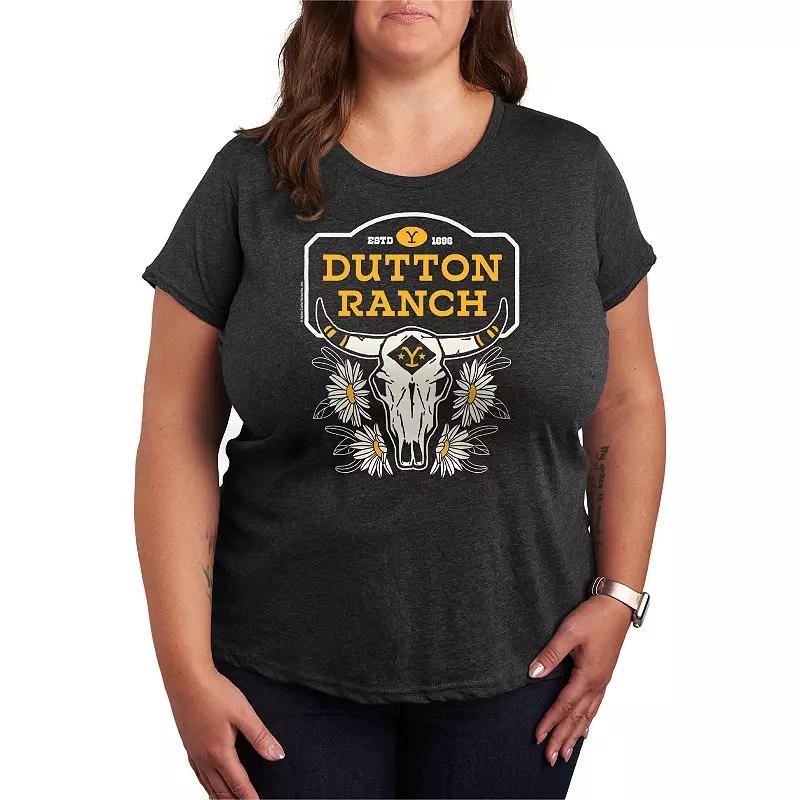 Plus Size Yellowstone Dutton Skull Graphic Tee, Womens Heather Grey Product Image