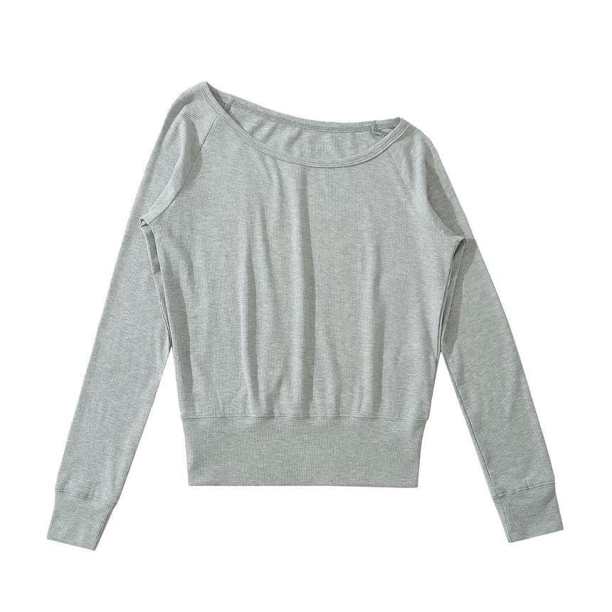 One-Shoulder Long-Sleeve Plain Tee Product Image