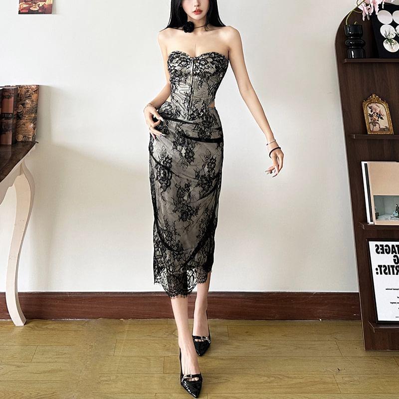 Lace Corset Top / High Rise Midi Fishtail Skirt Product Image