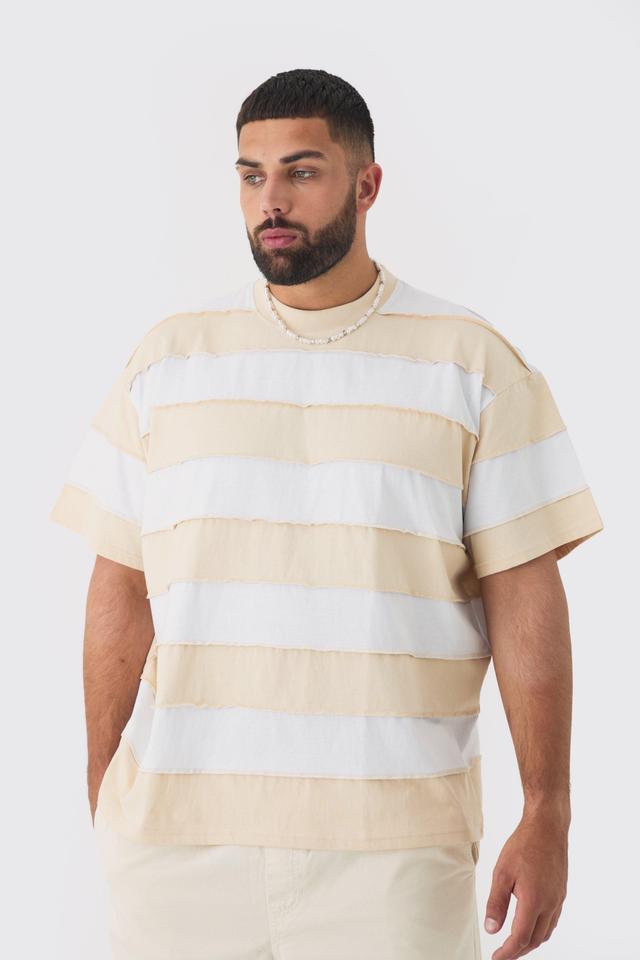 Mens Beige Plus Oversized Stripe Raw Seam T-shirt, Beige Product Image