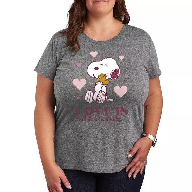 Plus Peanuts Snoopy & Woodstock Snuggles And Cuddles Graphic Tee, Womens Grey Gray Product Image