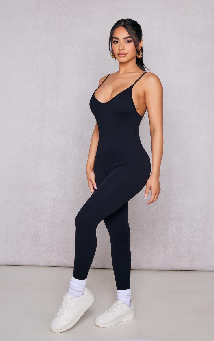 Petite Black Structured Snatched Rib Strappy Plunge Jumpsuit Product Image