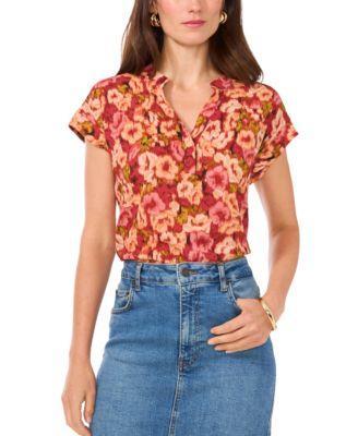 Vince Camuto Womens Floral-Print Split-Neck Short-Sleeve Top Product Image