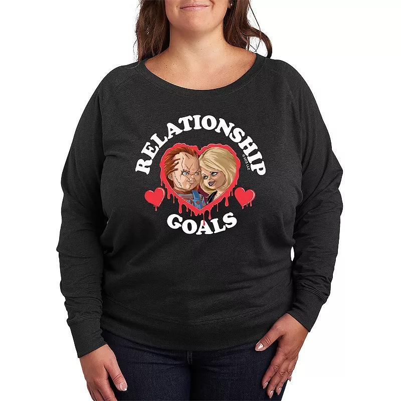 Plus Size Chucky Relationship Goals Lightweight French Terry Sweatshirt, Womens Heather Grey Product Image