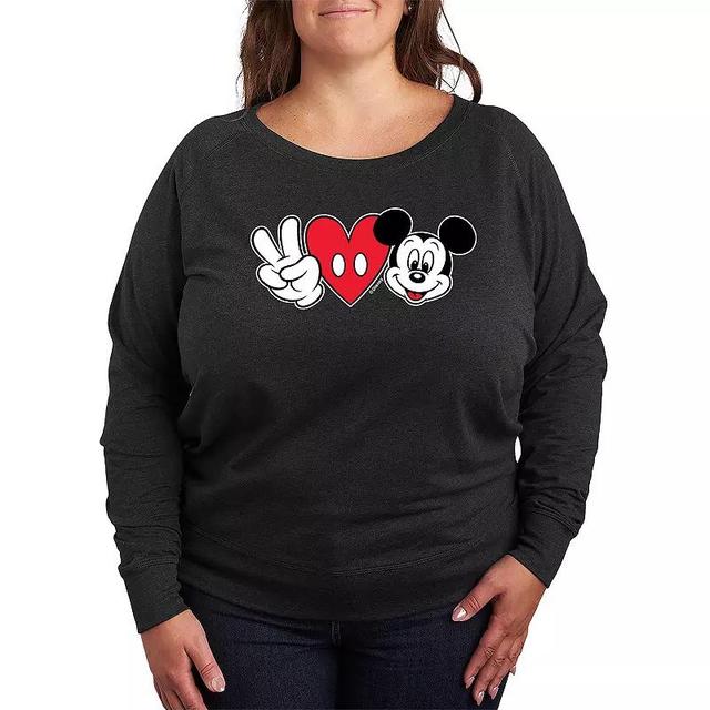 Disneys Mickey Mouse Plus Size Peace Love Lightweight French Terry Sweatshirt, Womens Heather Grey Product Image