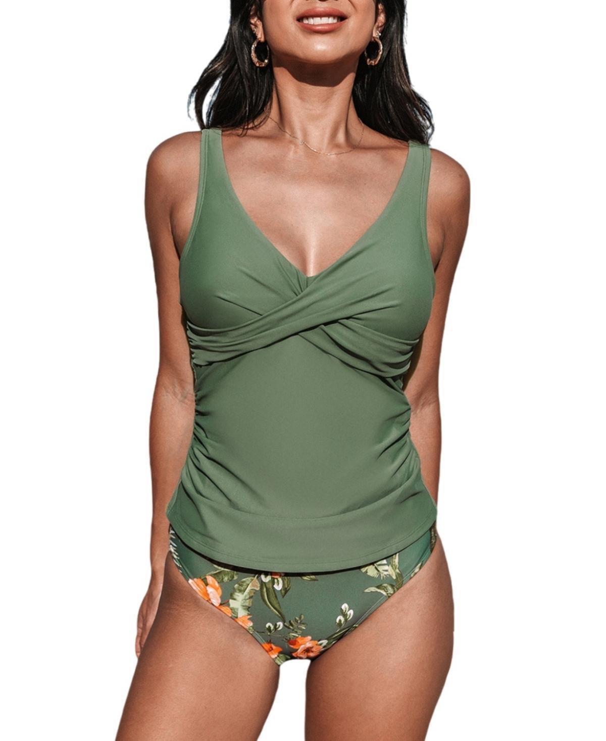 Cupshe Womens Wrapped Tankini Top & Tropical Mid-Rise Bottoms Set Product Image