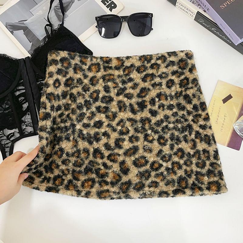 High Rise Leopard Print Fluffy Mini A-Line Skirt Product Image