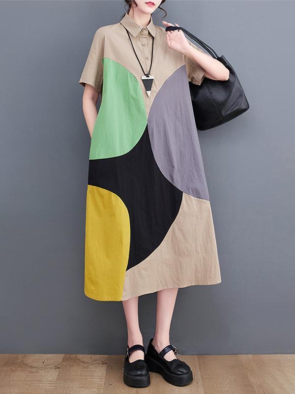 Loose Oversize Color-Block Contrast Color Split-Joint Lapel Midi Dresses Shirt Dress Product Image