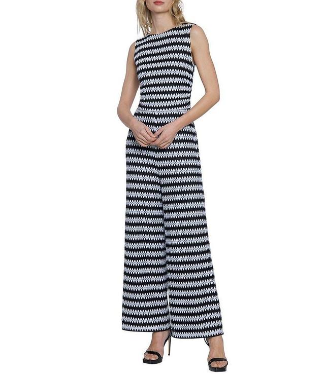 Donna Morgan Stripe Print Crochet Round Neck Sleeveless Jumpsuit Product Image