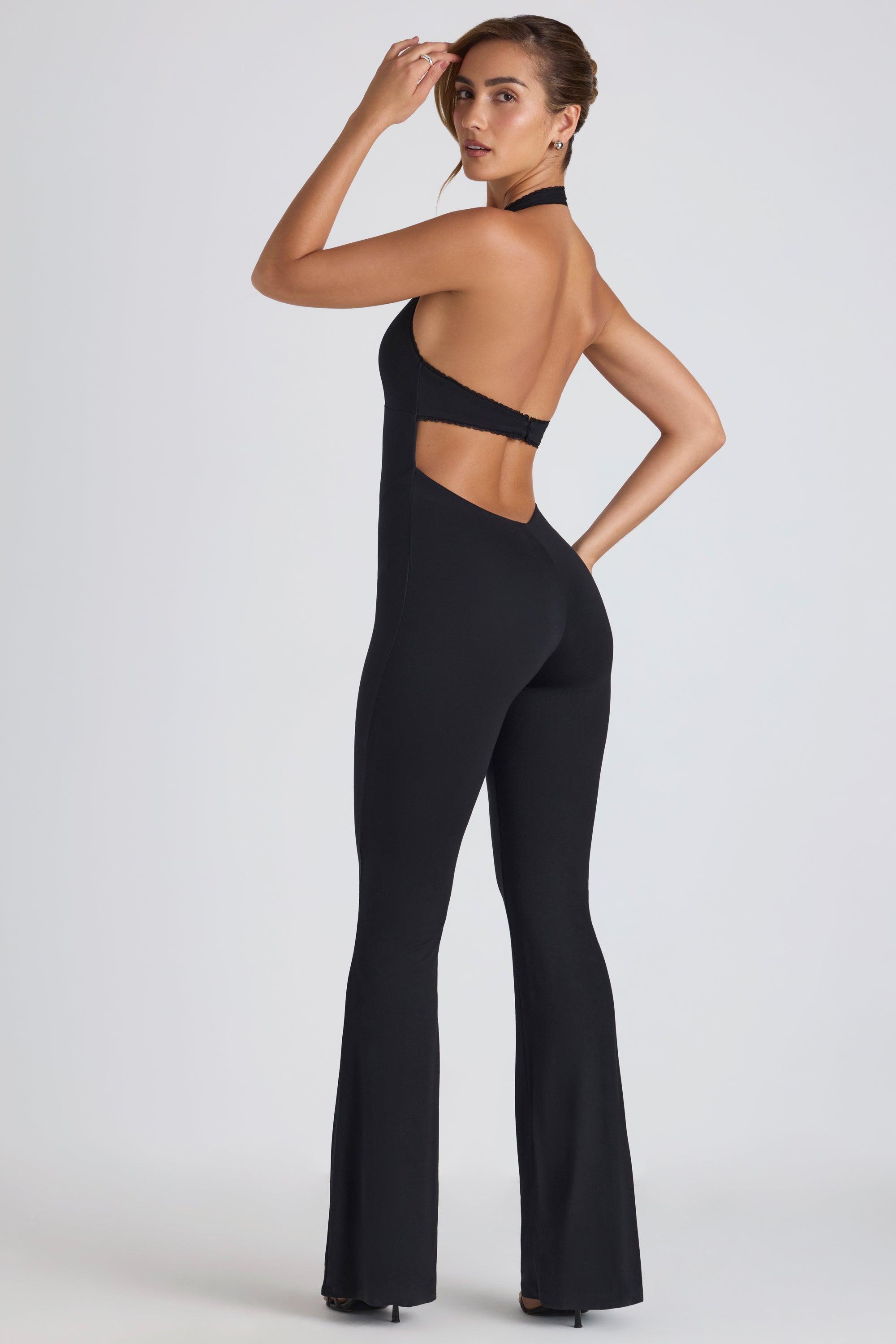 Modal Lace-Trim Cut-Out Flared Jumpsuit in Black Product Image