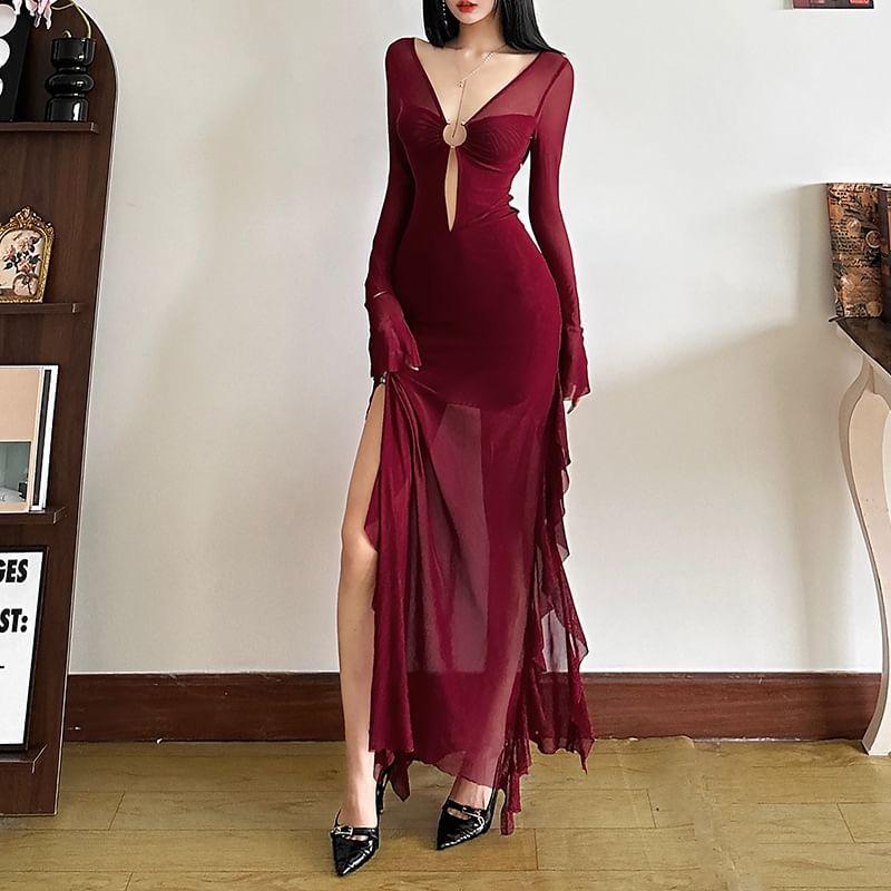 Long-Sleeve V-Neck Cutout Plain Sheer Maxi Sheath Dress Product Image