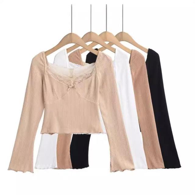 Long-Sleeve V-Neck Plain Lace Panel Bow Accent Slim Fit Crop Tee Product Image