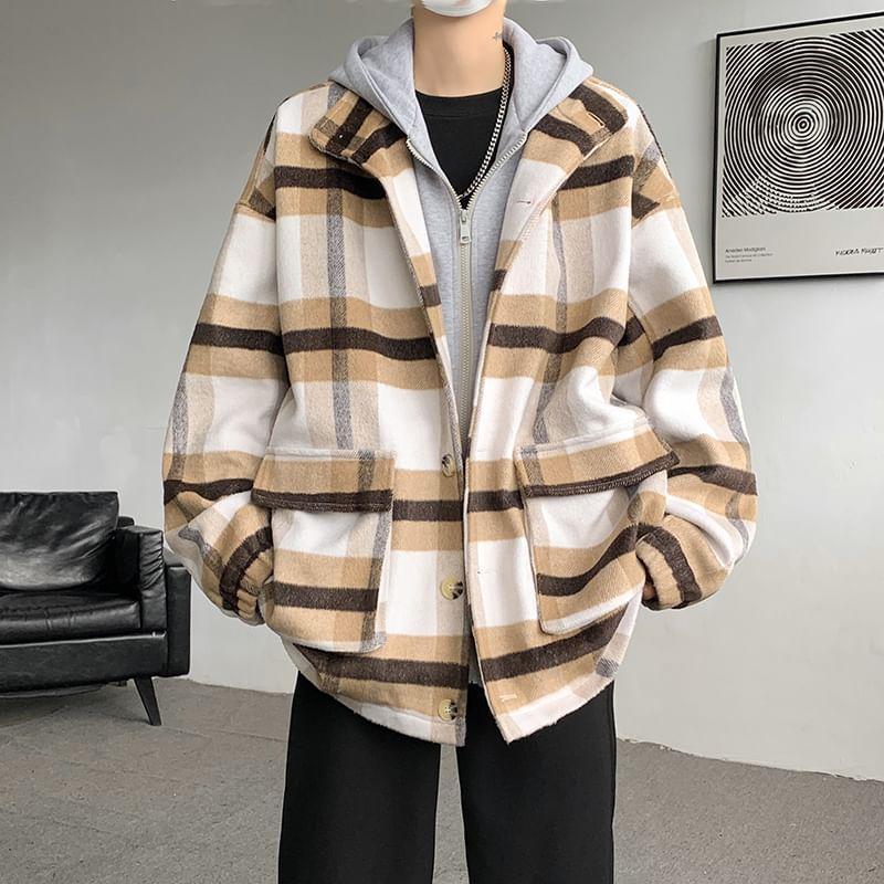 Plaid Hooded Mock Two-Piece Oversized Zip Jacket Product Image