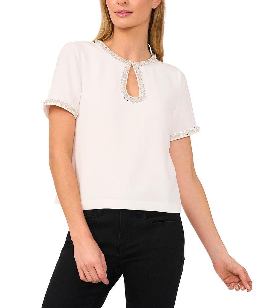 CeCe Keyhole Neck Short Sleeve Beaded Trim Blouse Product Image