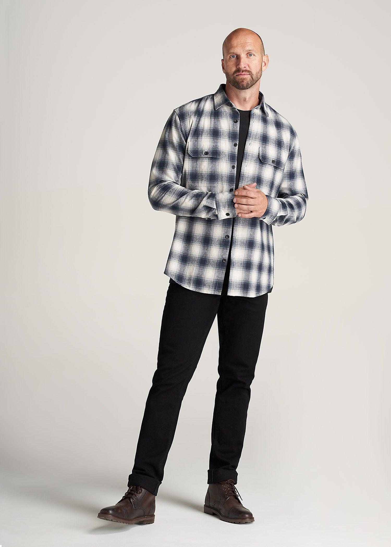 LJ&S Men's Tall Heavy Flannel Shirt in Weathered Navy & Ecru Plaid Product Image