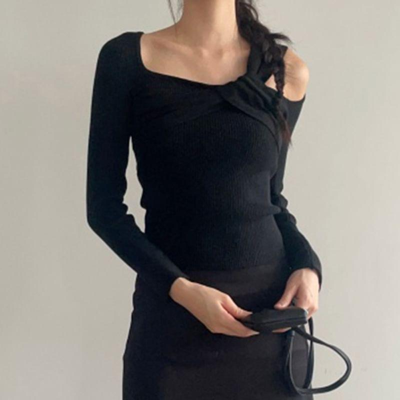 Long Sleeve Asymmetrical Neck Ribbed Knit Top Product Image