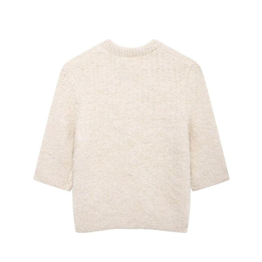 Elbow-Sleeve Crew Neck Plain Bow Button Knit Top Product Image