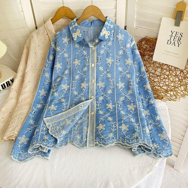 Long-Sleeve Collared Floral Embroidered Eyelet Button-Up Blouse Product Image