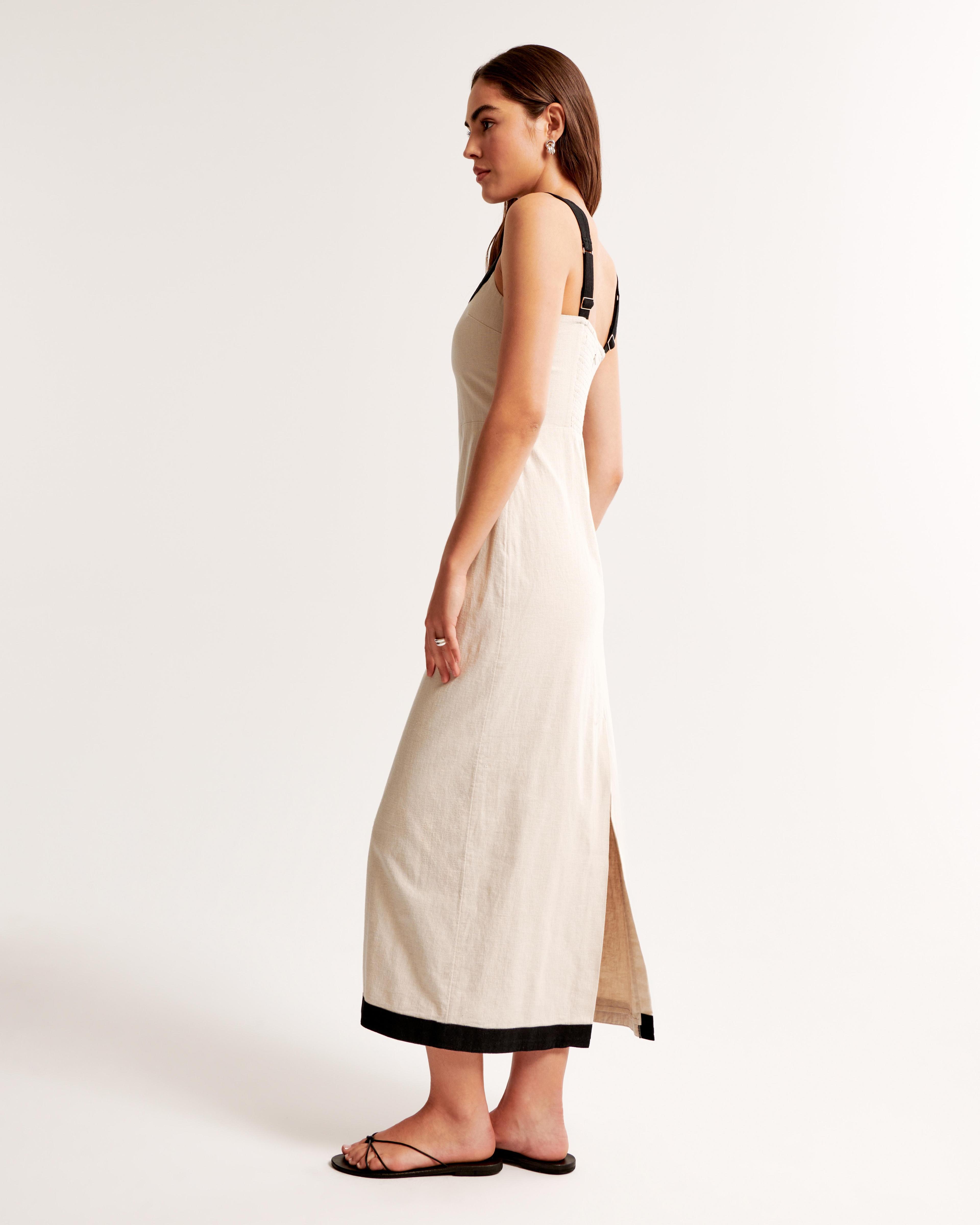 Linen-Blend Squareneck Column Midi Dress Product Image