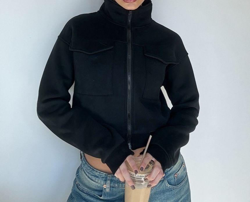 Stand Collared Plain Zip Up Cropped Jacket Product Image