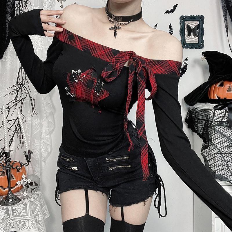 Long-Sleeve Off Shoulder Star Applique Tee Product Image