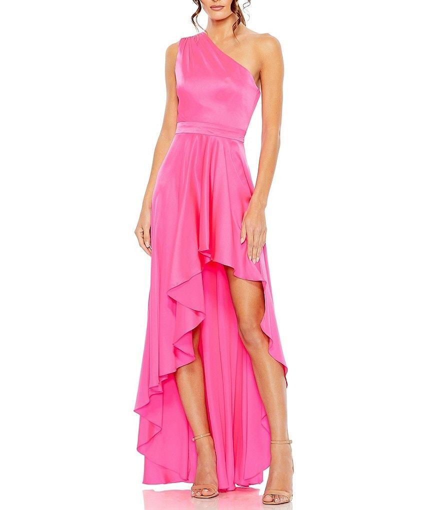 Mac Duggal Satin One Shoulder Sleeveless Ruffle High-Low A-Line Dress Product Image