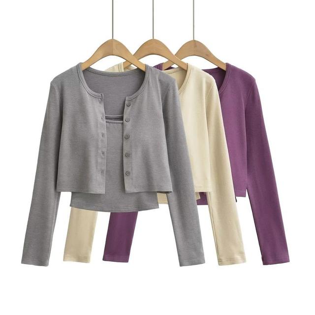 Set: Scoop Neck Plain Crop Camisole Top + Round Neck Plain Cardigan Product Image