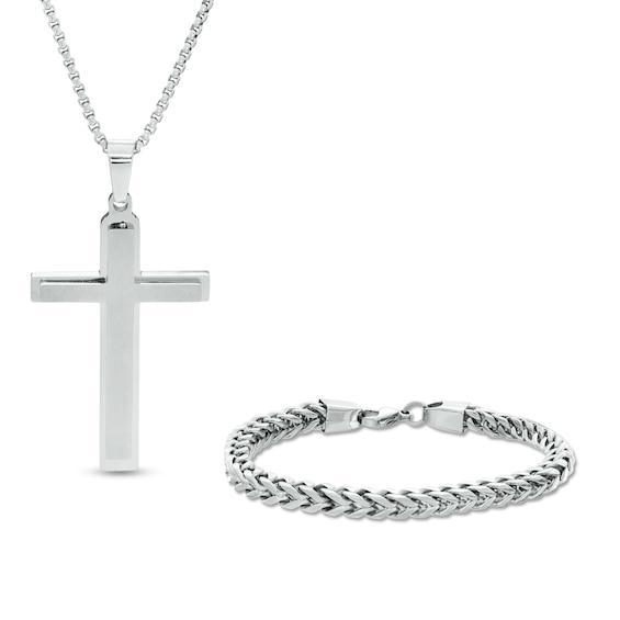 Men's Multi-Finish Cross Pendant and 6.0mm Foxtail Chain Bracelet Set in Stainless Steel - 24" Product Image