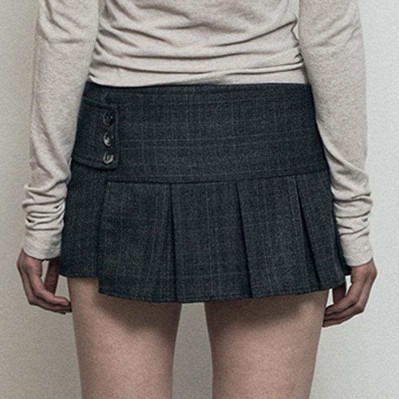 Low Waist Plaid Pleated Button Mini A-Line Skirt Product Image