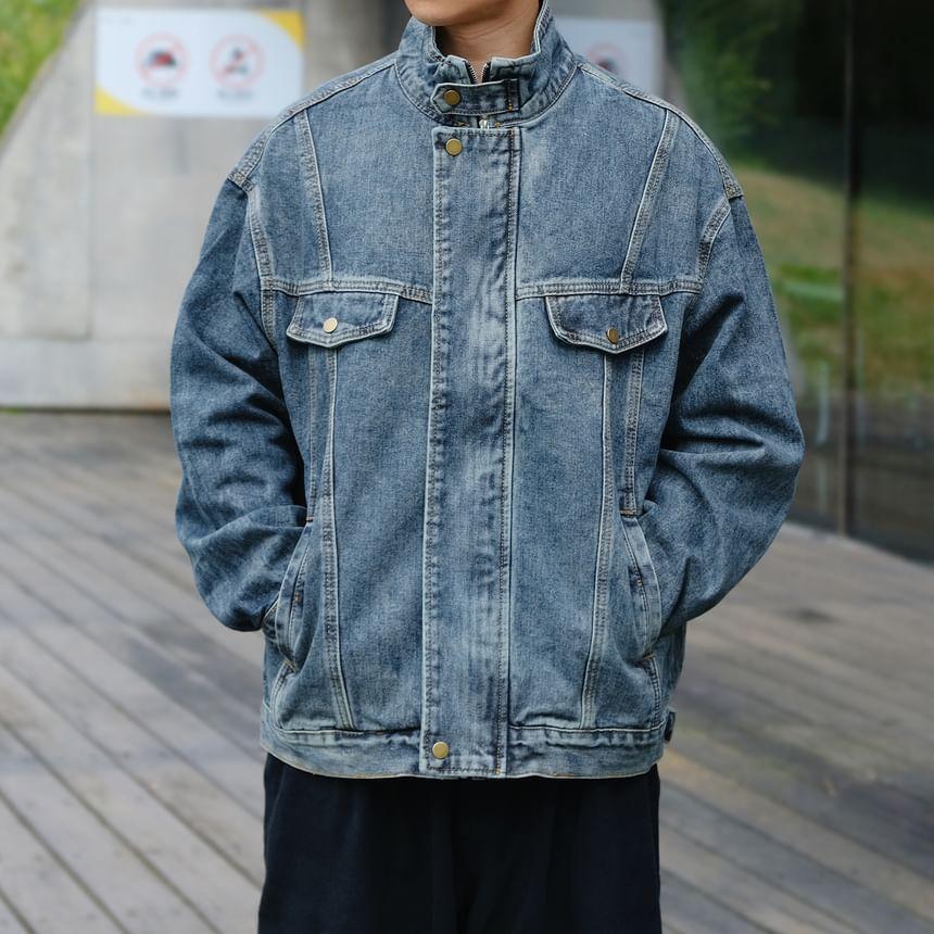 Stand Collar Washed Zip-Up Denim Jacket Product Image