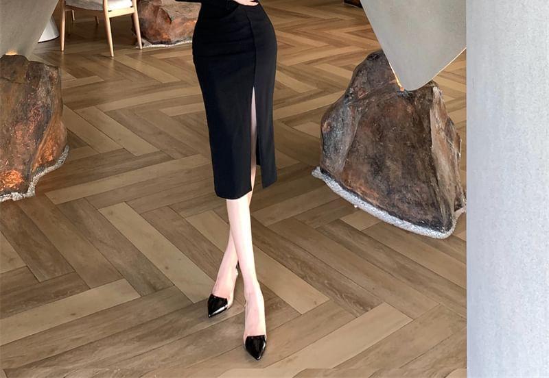 Long-Sleeve Square Neck Plain Midi Sheath Dress Product Image