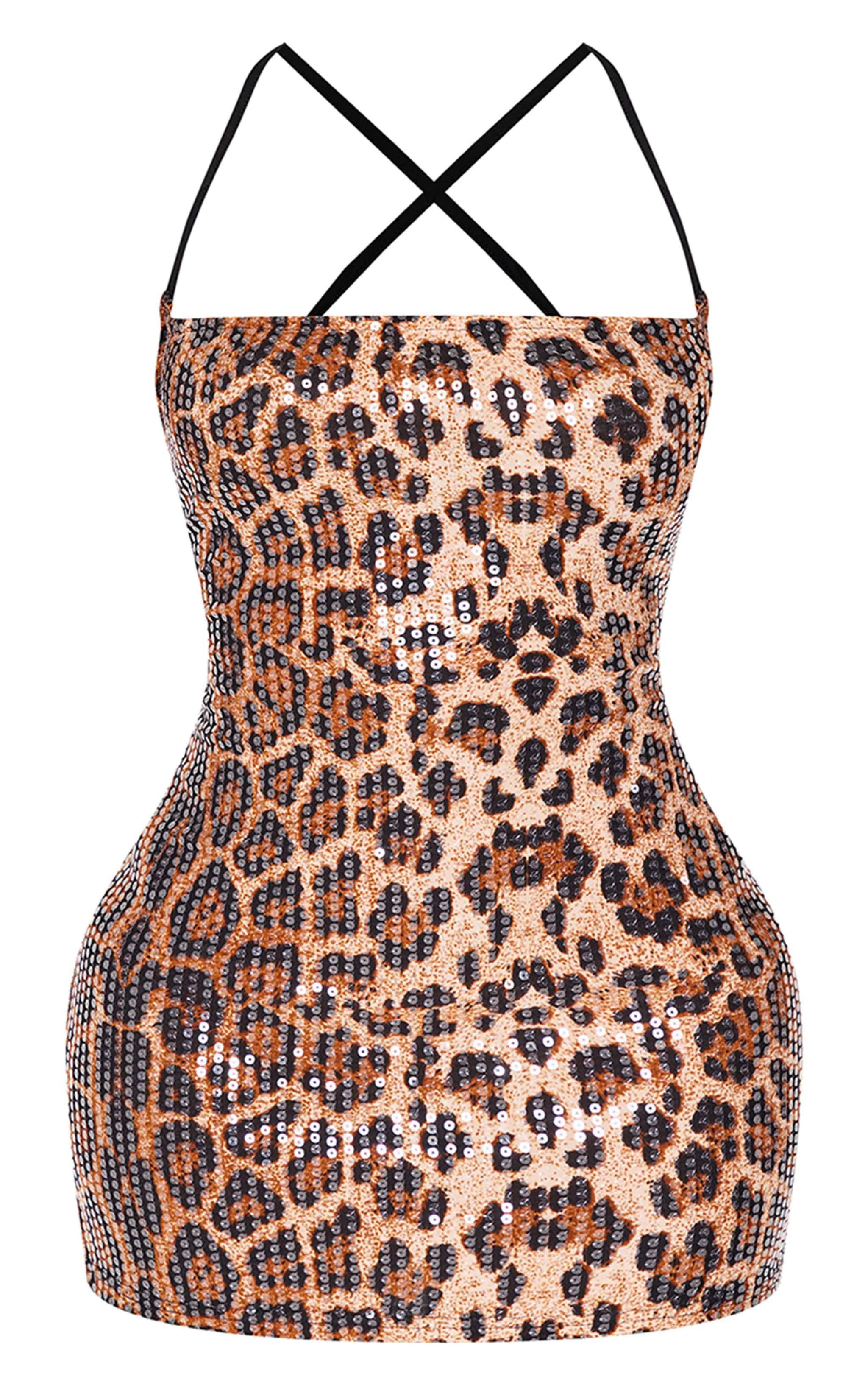 Shape Leopard Sequin Halter Neck Strap Mini Dress Product Image