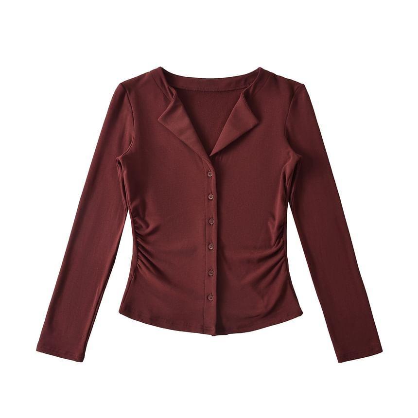 Long Sleeve Open Placket Ruched Button Top Product Image