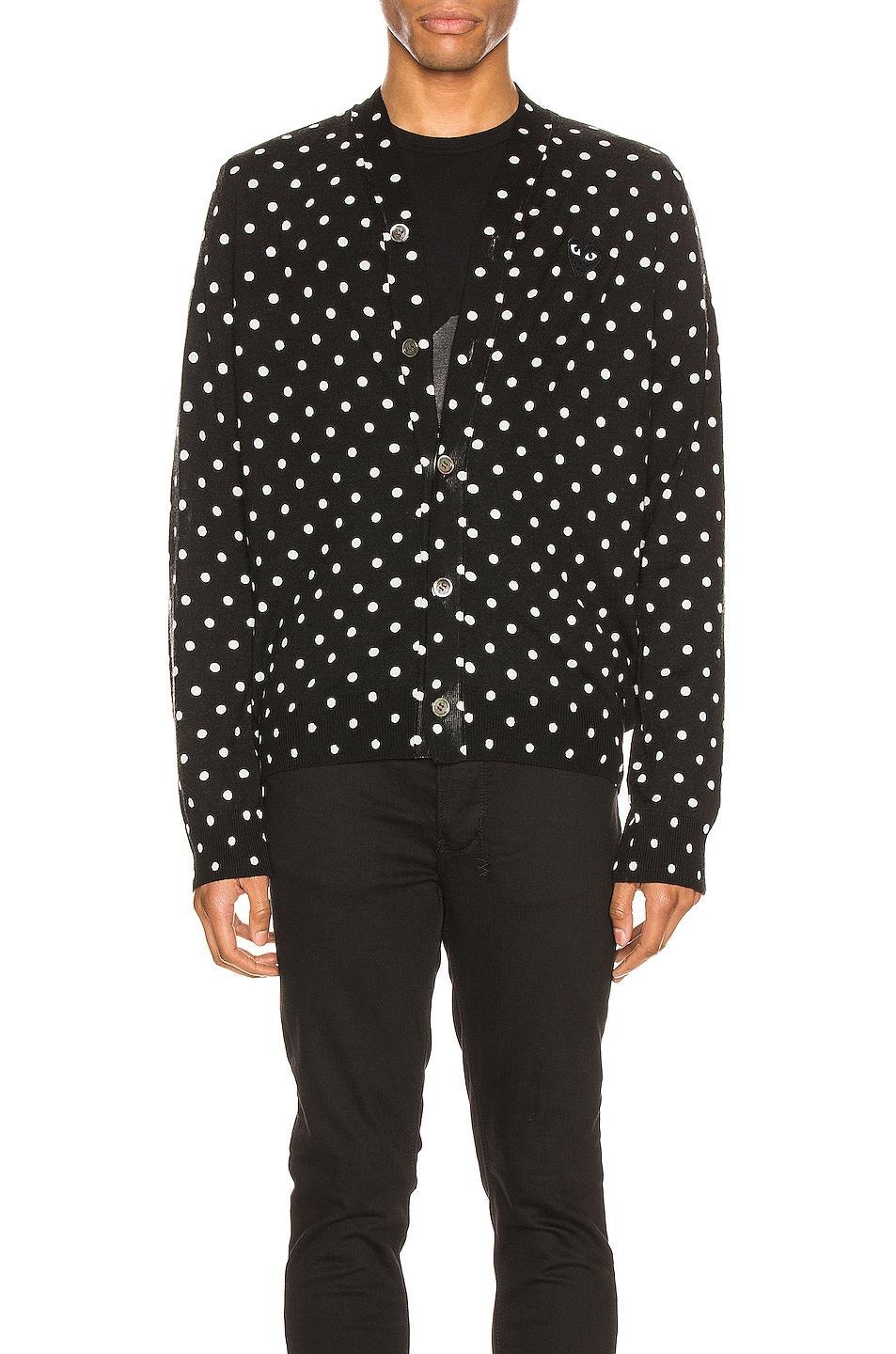 COMME des GARCONS PLAY Dot Print Wool Cardigan with Black Emblem in Black,Polka Dots Product Image