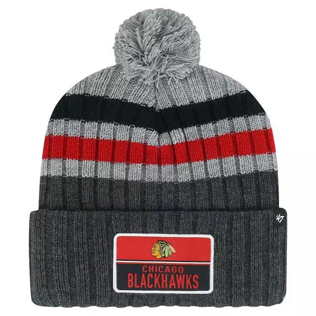 Mens 47 Gray Chicago Blackhawks Stack Patch Cuffed Knit Hat with Pom Product Image