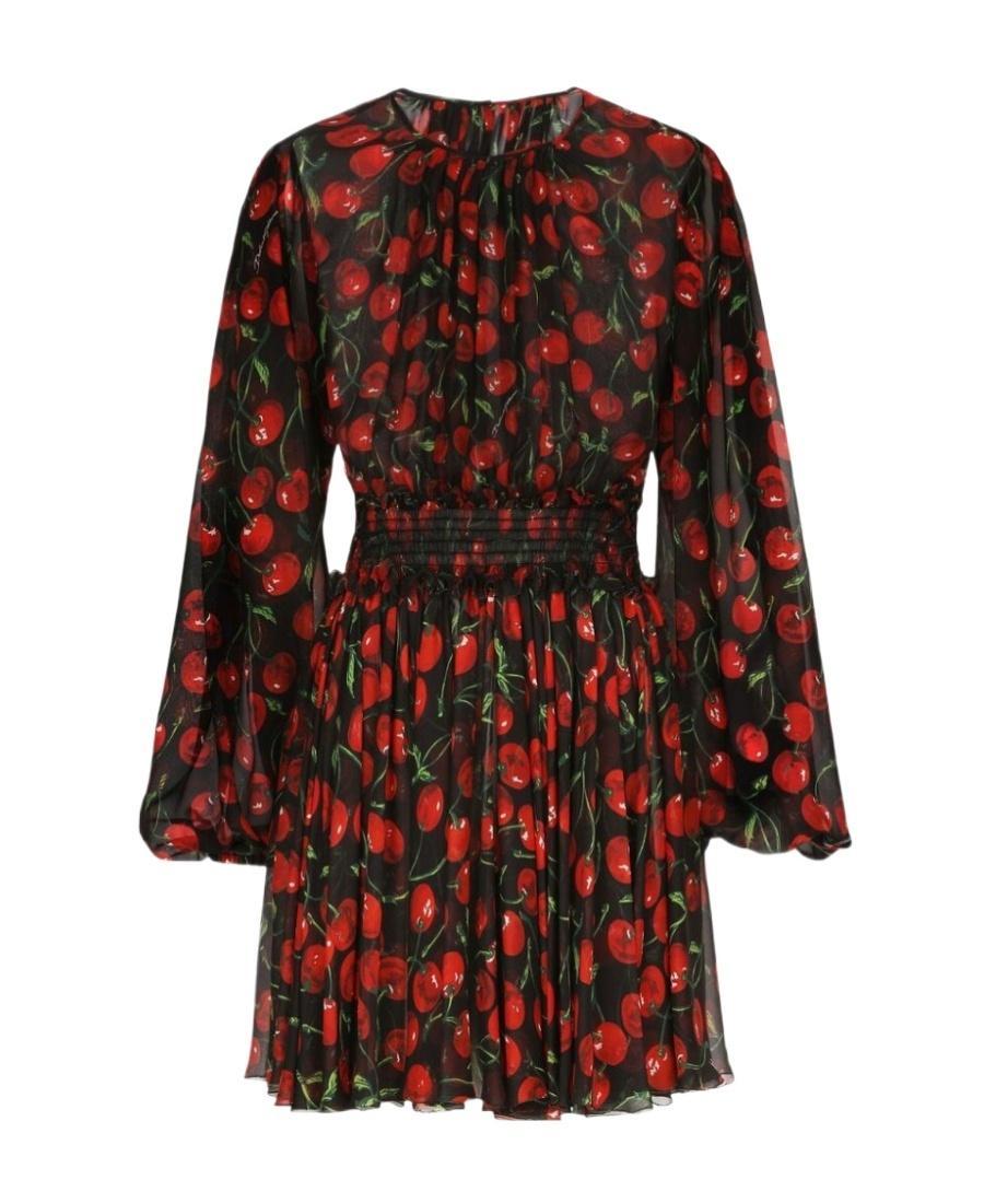 DOLCE & GABBANA Short Cherry-print Chiffon Dress In Multicolor Product Image