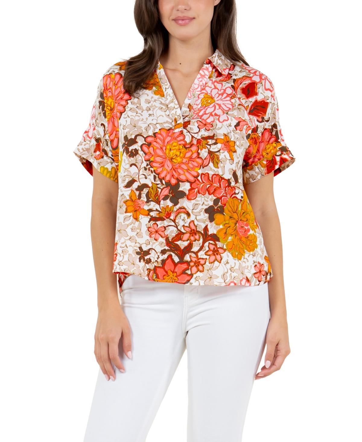 Fever Womens Printed Satin Like Top with Collar - Whisper White Product Image