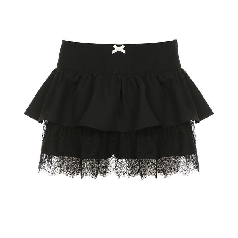 Mid Rise Plain Lace Trim Mini A-Line Skirt Product Image