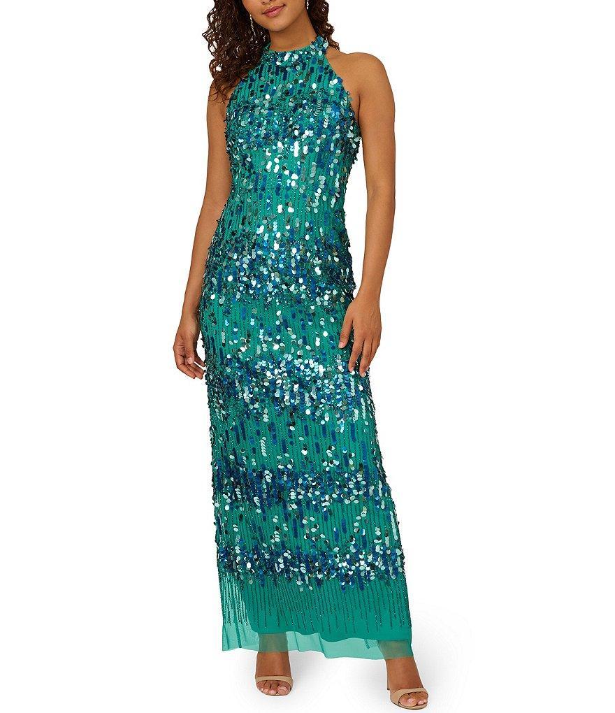 Adrianna Papell Sequin Paillette Halter Neck Sleeveless Column Dress Product Image