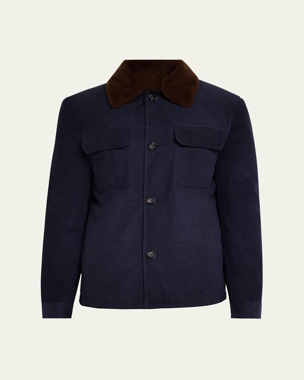 Men's Suede Overshirt with Removable Shearling Collar Product Image