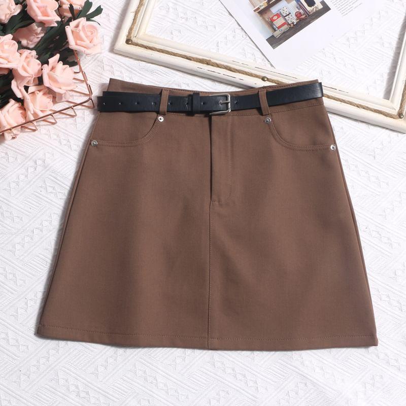 High Waist Plain Belted Mini A-Line Skirt Product Image