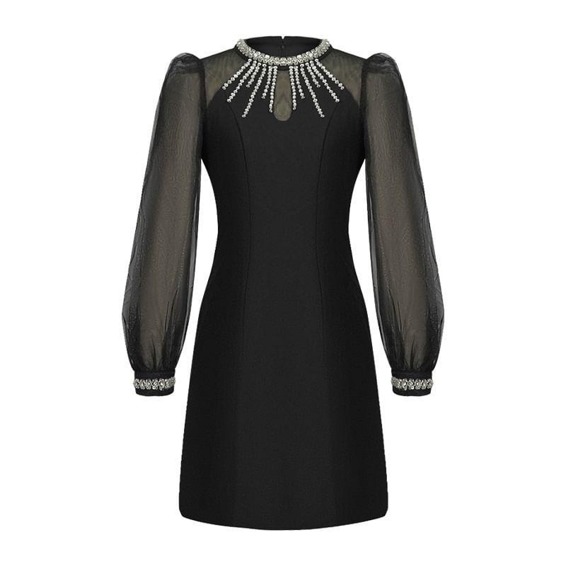 Long-Sleeve Round Neck Rhinestone Mini A-Line Dress Product Image