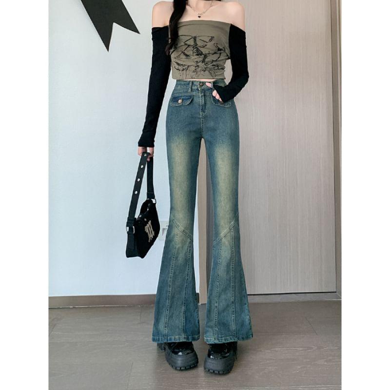 High Rise Washed Flared Jeans Product Image