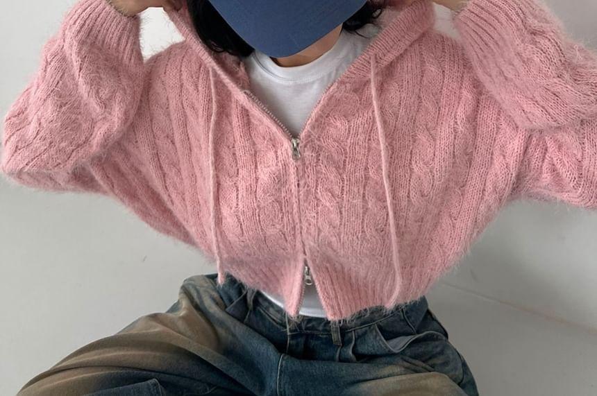 Cable Knit Zip-Up Crop Cardigan Product Image