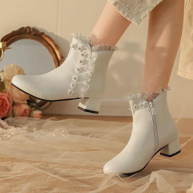 Flower Detail ruffle Chunky Heel Short Boots Product Image