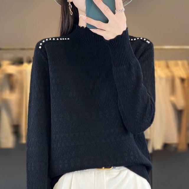 Long Sleeve Mock Neck Plain Beaded Knit Top Product Image