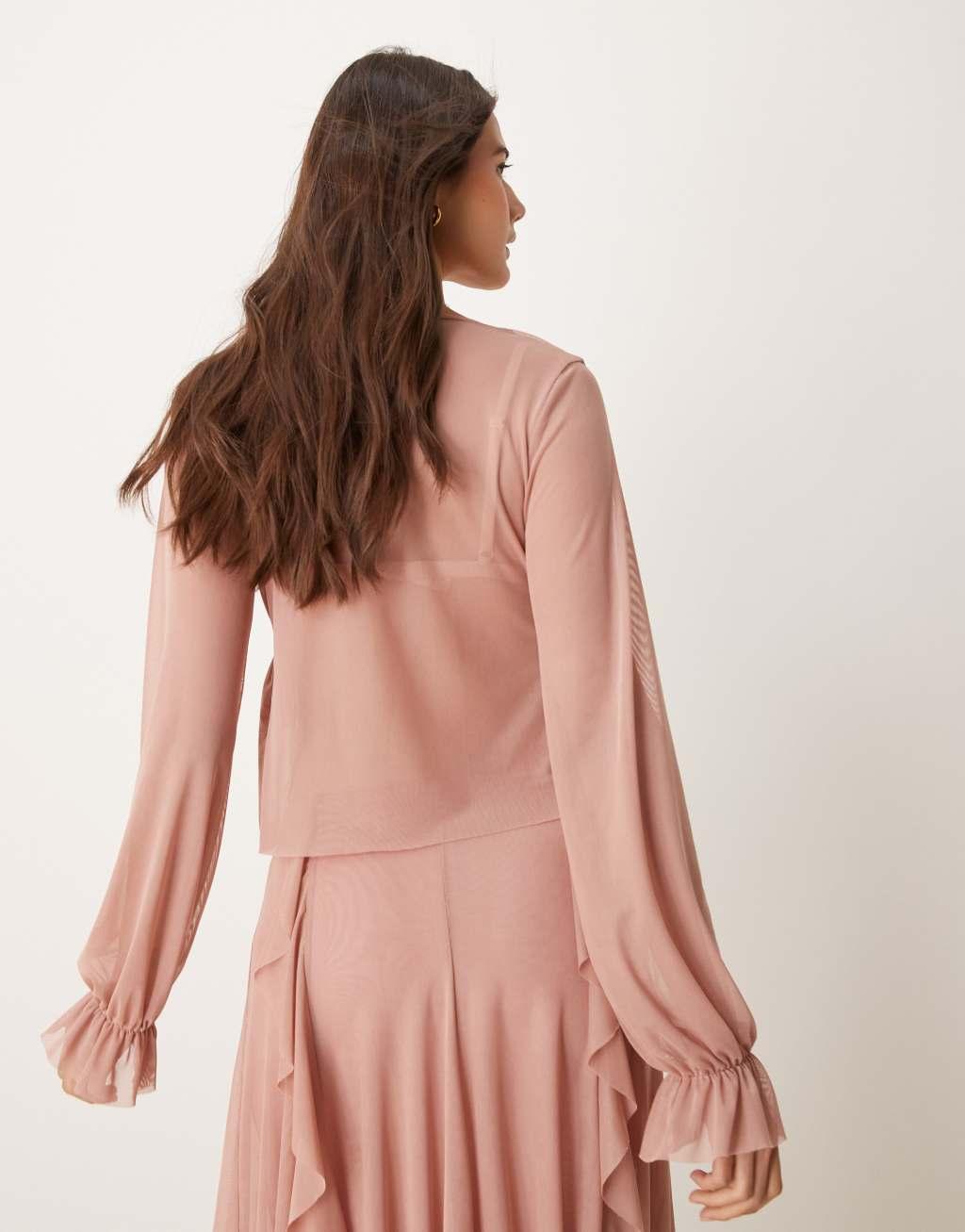 Miss Selfridge frill detail long sleeve blouse in blush Product Image