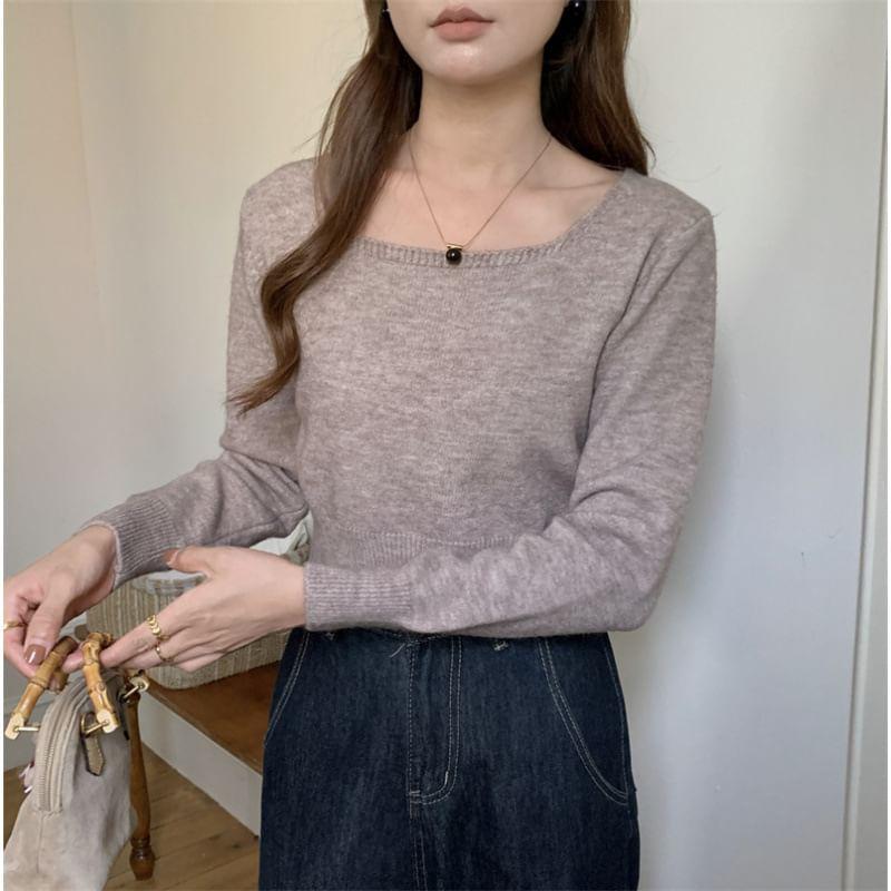 Long-Sleeve Square Neck Plain Crop Knit Top Product Image