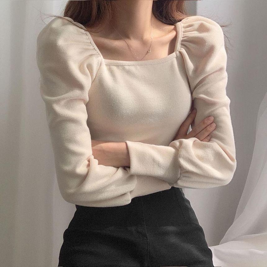 Puff-Sleeve Square Neck Plain Tee Product Image