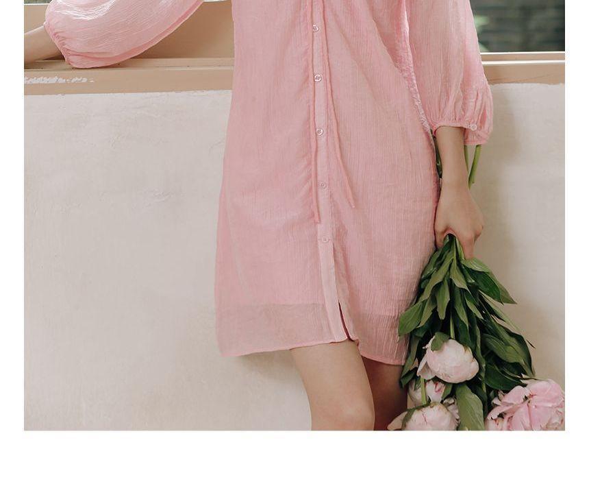 Long-Sleeve V-Neck Plain Ruched Mini A-Line Dress Product Image